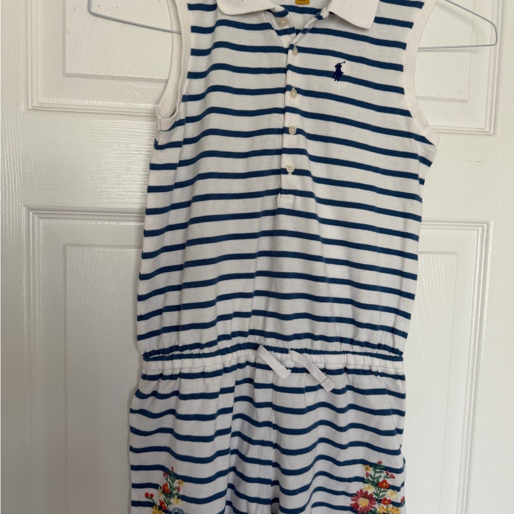Striped Sleeveless Polo Romper with Embroidered Flowers